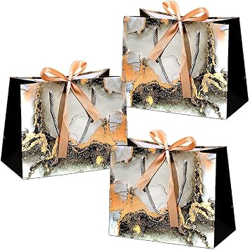 JZTang 3 Pcs Large Gift Bags 14.2"x9.8" Wide Paper Bags with Handles & Ribbon, Reusable for Baby Shower, Bridal, Wedding, Birthday, Christmas, Gift Wrapping