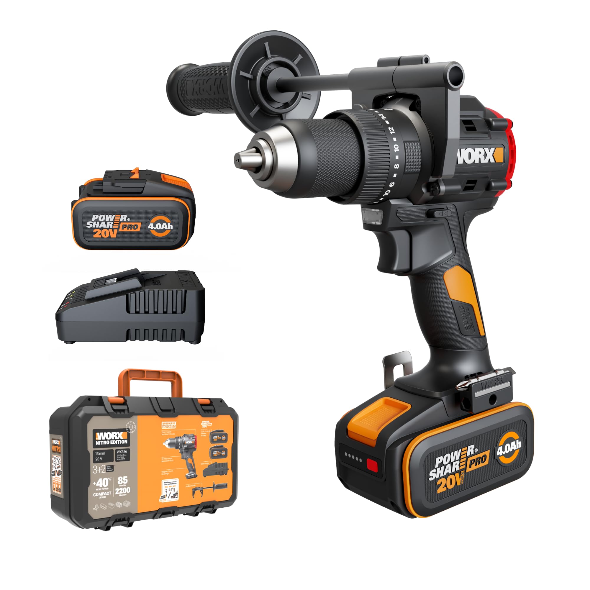 WORX Perceuse-visseuse à percussion sans fil 20V WX356, couple max de 85 Nm, moteur brushless, design compact, éclairage led intégré, livrée avec 2 batteries, chargeur, poignée auxiliaire, etc