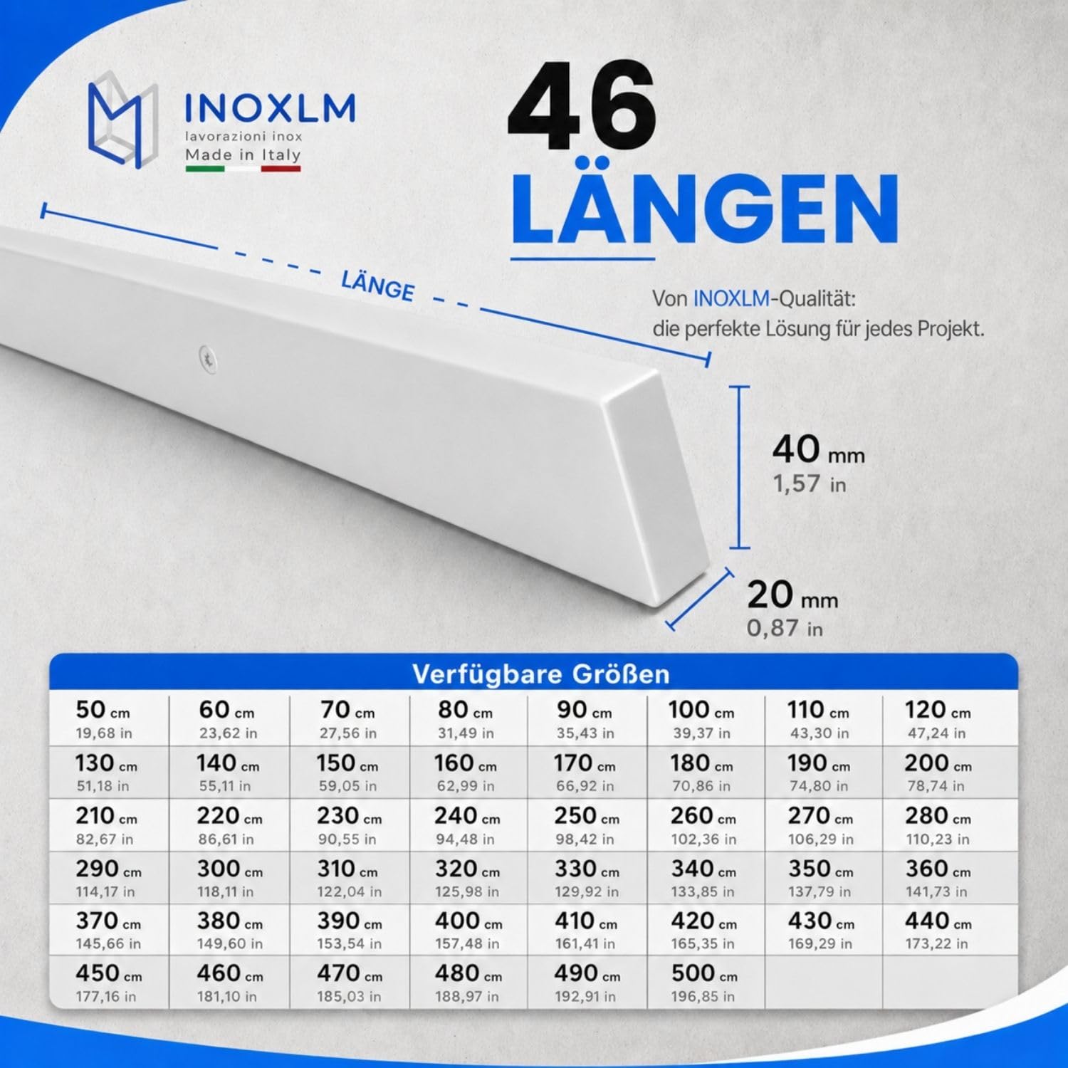 INOXLM lavorazioni inox Rechteckiger Handlauf 40 x 20 mm aus weiß lackiertem Stahl, Handlauf Made in Italy, Farbe schwarz, Handlauf zum Selbermachen, Handlauf ideal für den Innen- und Außenbereich