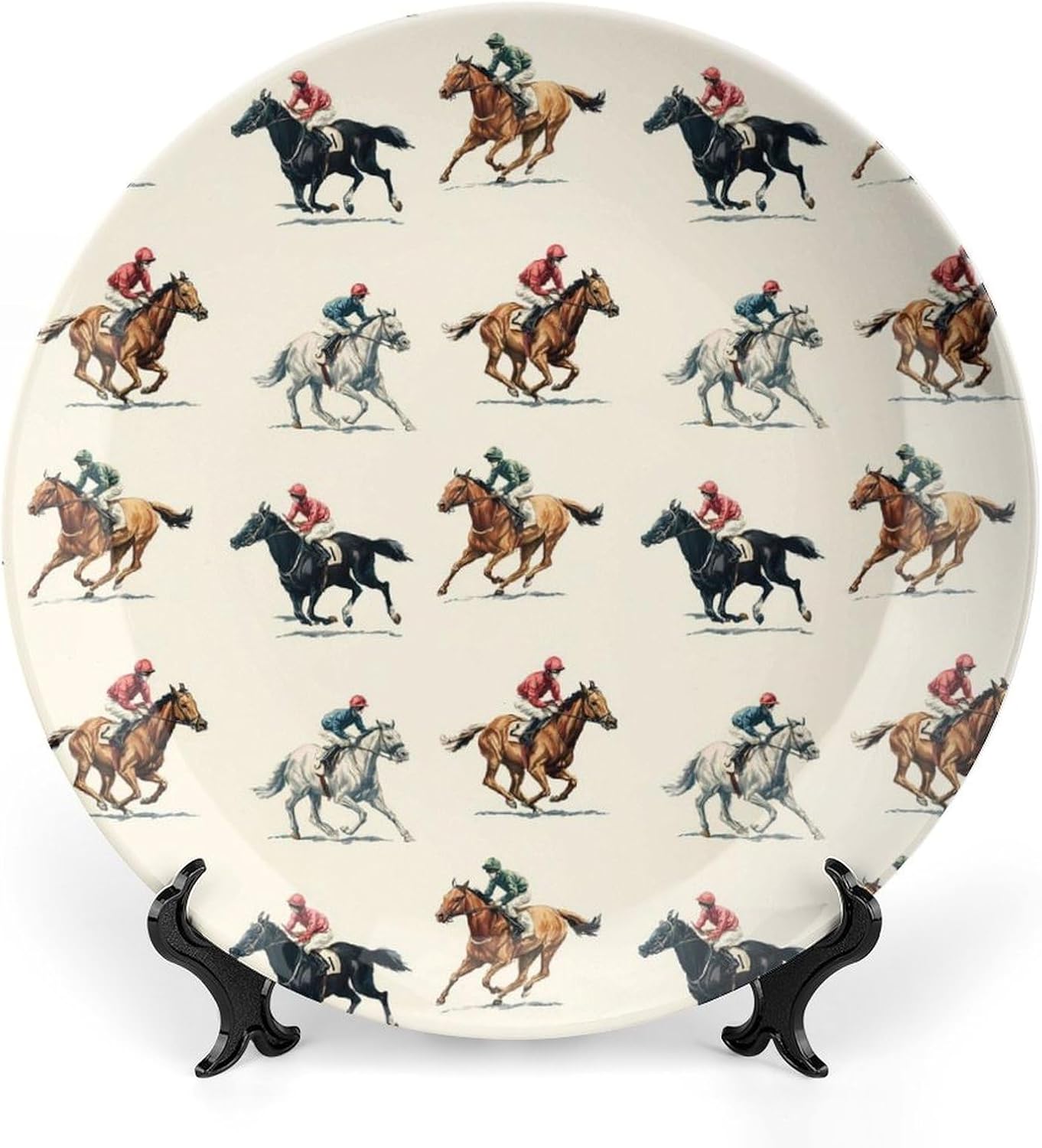 Horse Racing Jockeys Decorative Plates for Display Ceramic Plate Tray with Stand Hanger Home Decor