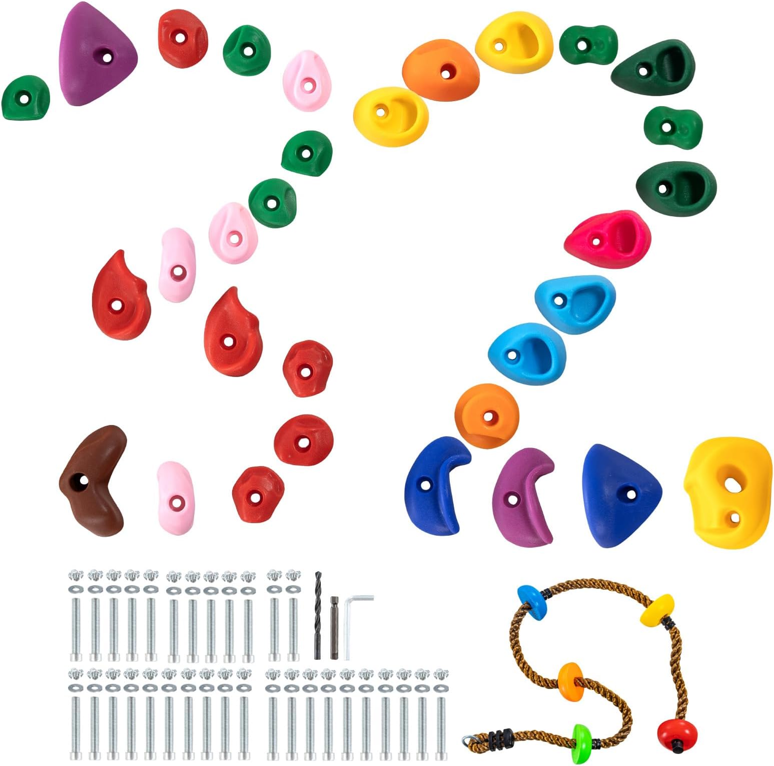 VEVOR 32 Rock Climbing Holds, Multi-Size and Colored Climbing Rocks for Kids and Adults, Rock Wall Holds with Colored Climbing Rope and Mounting Hardware, Climbing Wall Grips for Indoor and Outdoor