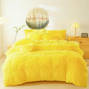 Furry Fluffy Yellow Comforter Cover King Set – Faux Fur Furry Yellow Bedding 3-Piece Set (1 Duvet Cover + 2 Furry Pillow Shams) Cozy Bed Set