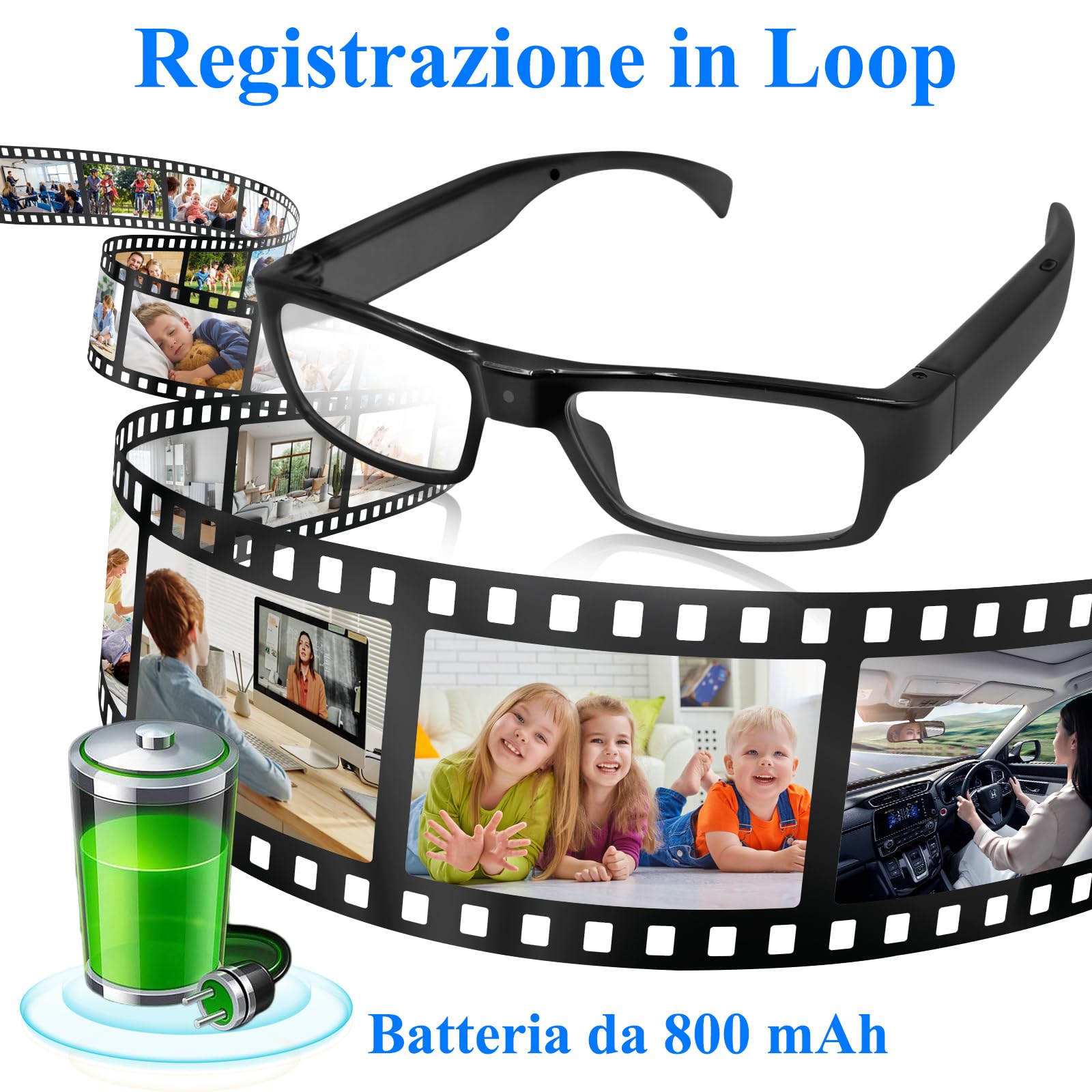 LXMIMI Occhiali Telecamera Nascosta, Foro Libero Occhiali Telecamera Spia 1080P Fotocamera Sportiva, Mini Sport Videocamera Supporto Prendere Foto/Video e Registrazione Loop