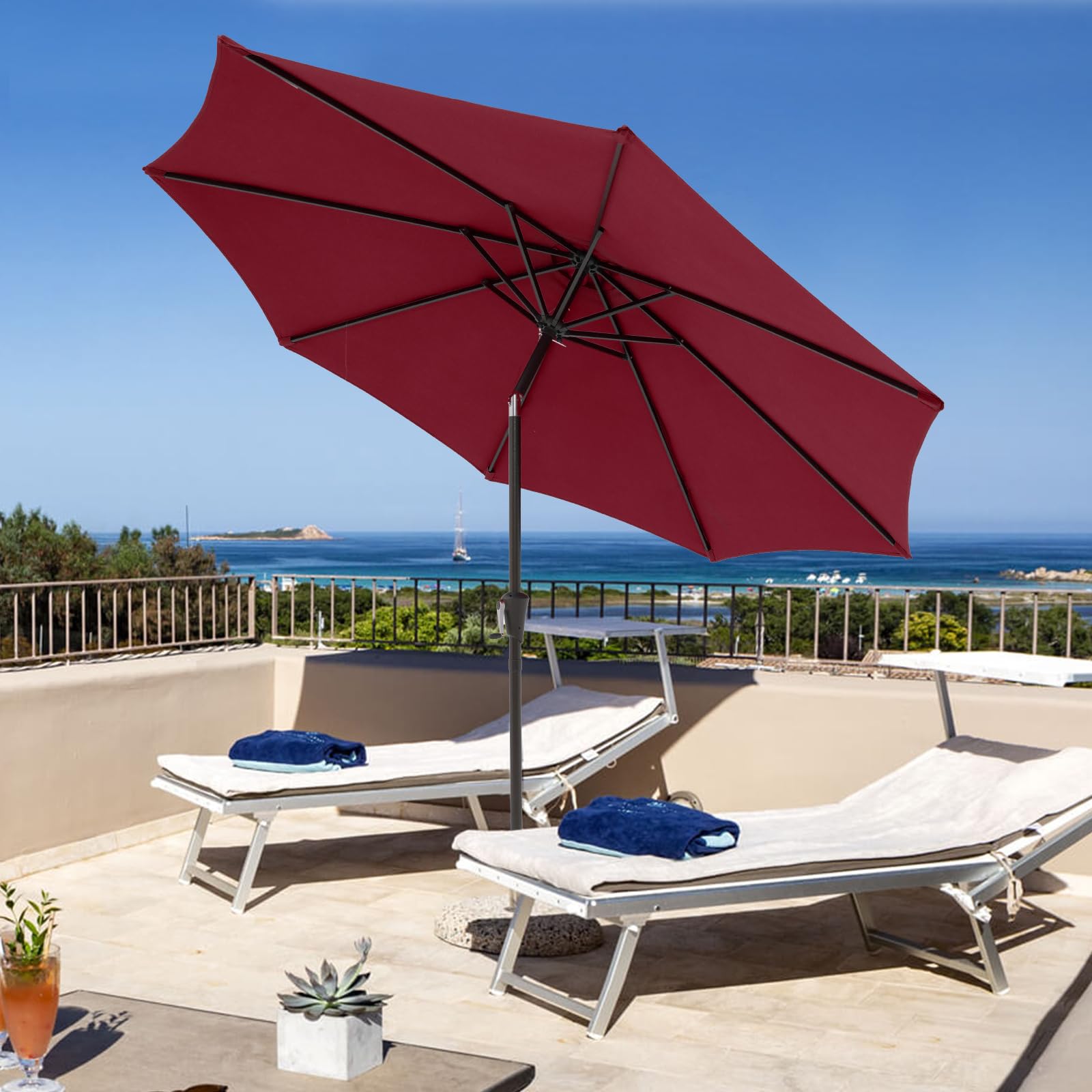 COBANA 9' Patio Umbrella, Outdoor Table Market Umbrella with Push Button Tilt and Crank, 8 steel ribs, Dark Red
