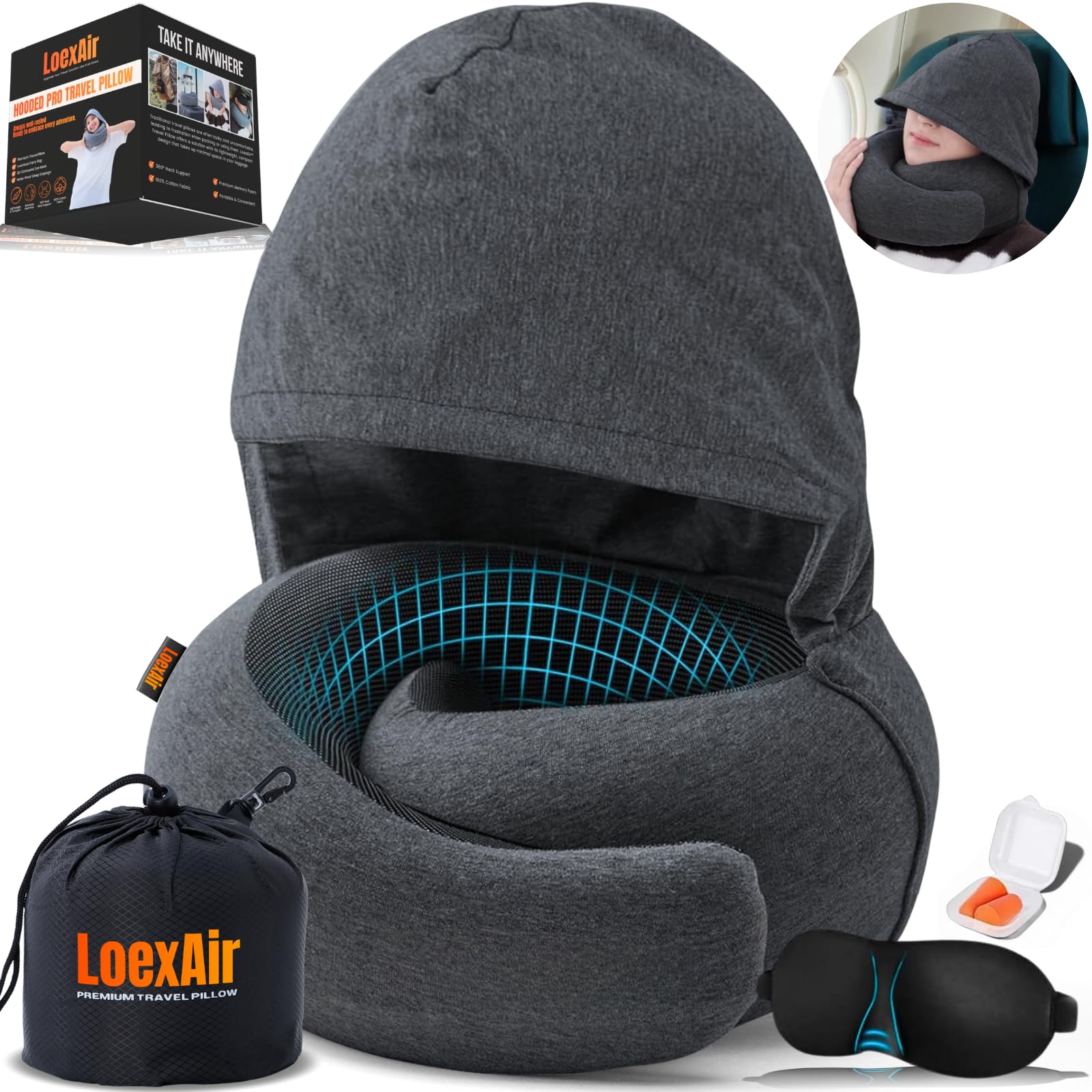 Photo 1 of LOEXAIR™ Hooded Pro Travel Pillow - Memory Foam Neck Support Pillow for Airplane, Flight - Super-Soft Pure Cotton Fabric, Maximum Privacy & Light-Block Design, Lightweight Full Travel Kit - Dark Grey