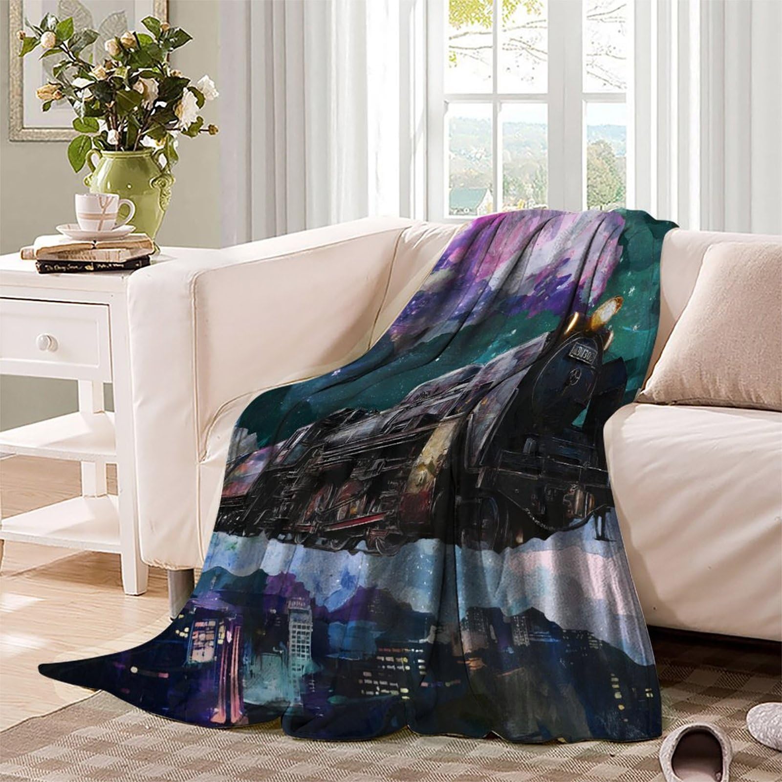 3D Gedruckte Sci-Fi Weltraum Galaxie Illustration Flanelldecke, Fliegende Dampflokomotive Weicher Plüsch Deko Decke Für Couch, 80x90inch(200x230cm)