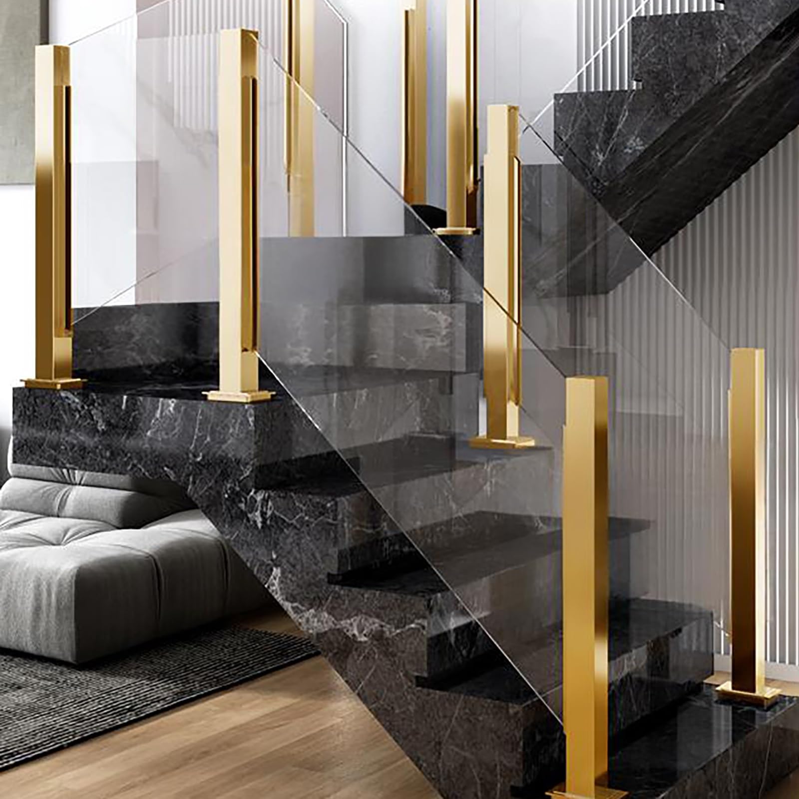 Zestaw szklanych balustrad do wnętrz/na zewnątrz, stal nierdzewna, 304, słupki z akcesoriami, wysokość 100 cm, eleganckie złote wykończenie, idealne na tarasy i patio