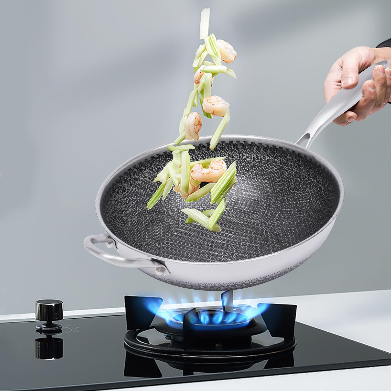 Woks y sartenes antiadherentes de 12 pulgadas con tapa de cristal: Wok chino pre-sazonado de fondo plano para inducción, eléctrico, gas, todas las estufas 4