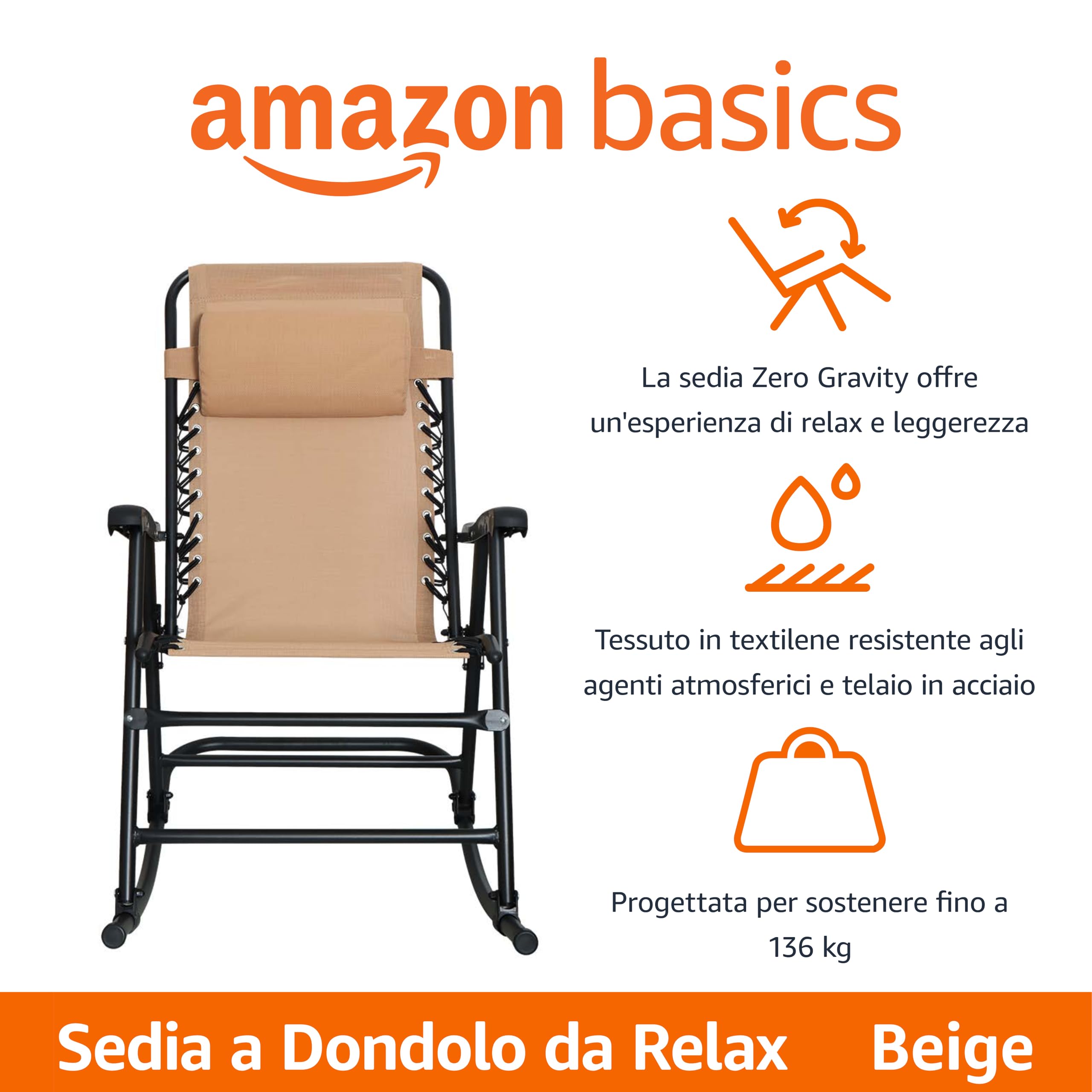 Amazon Basics Sedia a dondolo pieghevole, Beige, 98 x 95 x 66 cm