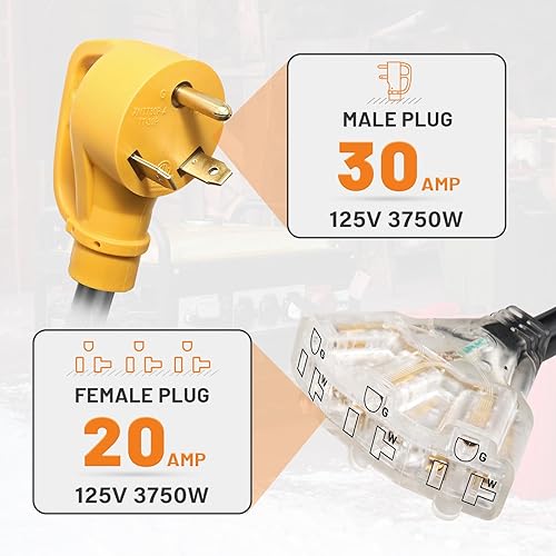 Miniatura 2 de MECMO 30 Amp to 20 Amp 110V RV Distribution Adapter NEMA TT-30P Male to 3X 5-15R/5-20R, 30 Amp to Triple 15 Amp / 20 Amp 3-Prong to Multiple