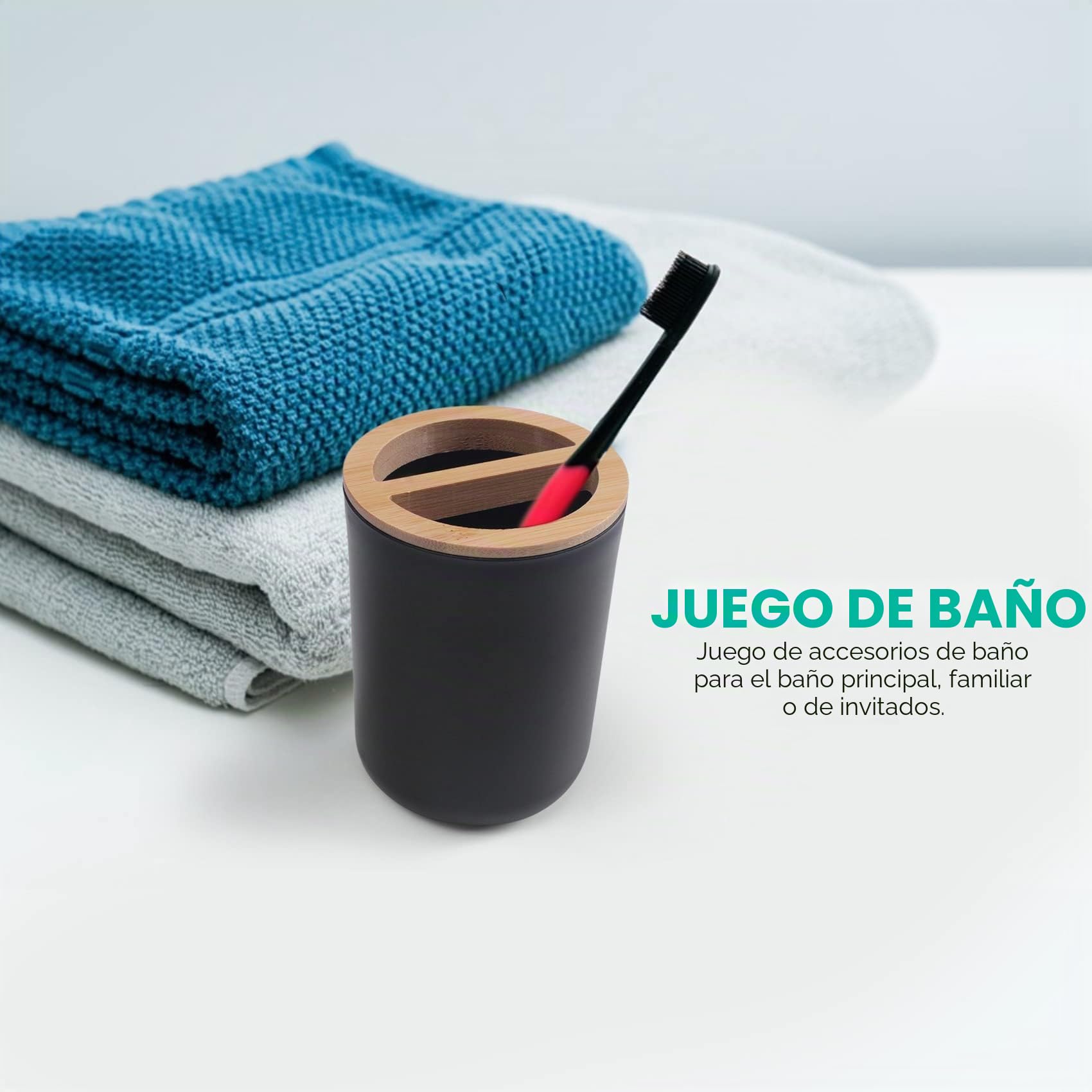 de Accesorios de baño de bambú de 6 Piezas: jabonera, Soporte para Cepillo de Dientes, de Enjuague, Botella de loción, de Basura, Cepillo de Inodoro, para el lavadero del hogar, Negro