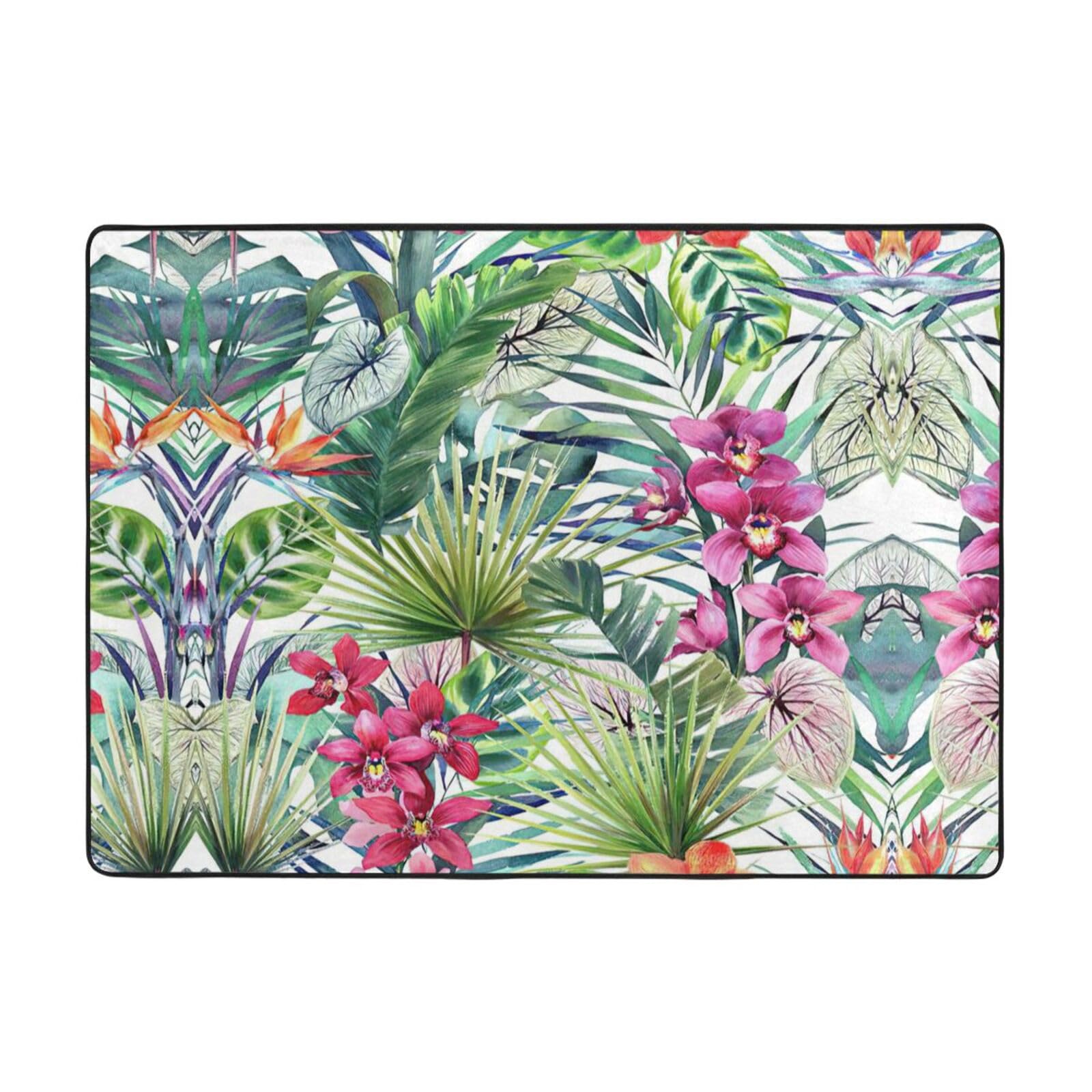 Tapis de sol imprimé plantes tropicales pour salon et grand lit - 203 x 147 cm