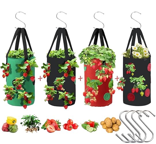 4 Pcs Upside Down Strawberry Planter 3 Gallon Hanging Strawberry Planter Bags and 4 Hooks , Sturdy Hanging Handle Thickened Breathable Felt Cloth for Herb Tomato Hot Peppers Vegetables (4Pcs 3Gal) - 4pcs 3gal