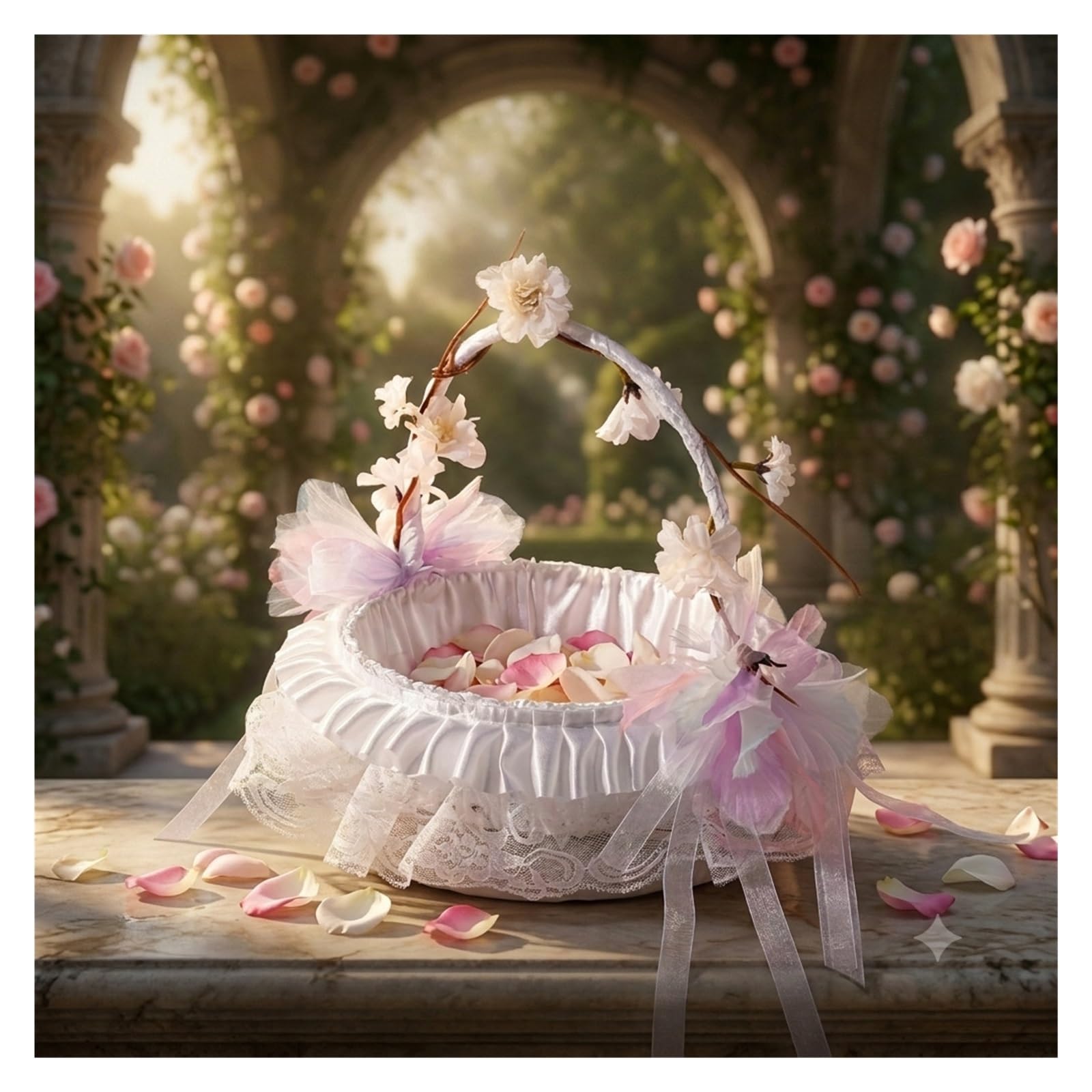 Blumenkörbchen Hochzeit Weißer Satin-Blumenkorb mit Kirschblütenzweig-Dekor