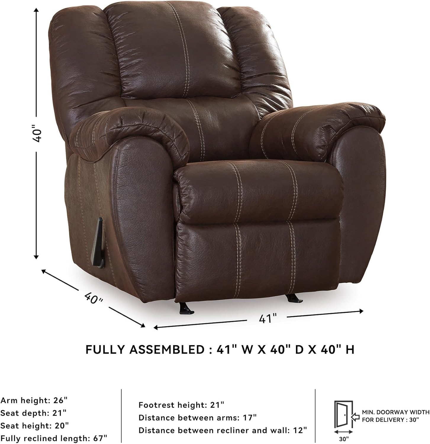 Signature Design by Ashley McGann Modern Faux Leather Manual Pull Rocker Recliner, Brown