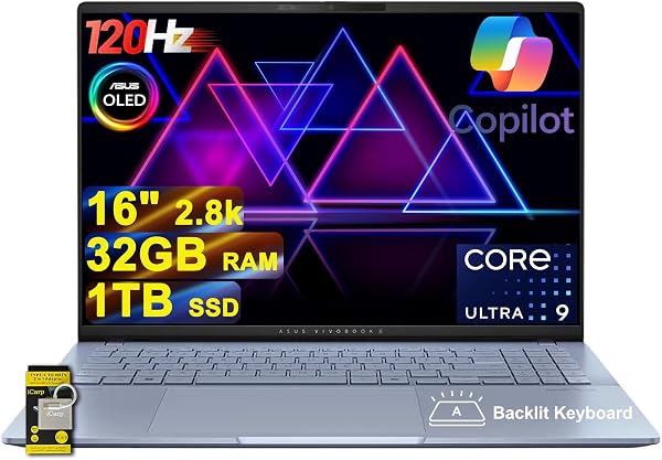 ASUS Vivobook S16 AI Laptop 16 3.2k OLED 120Hz (600nits 100% DCI-P3) AMD 10-core Ryzen AI 9 365 (Up to 50 Tops) 32GB RAM