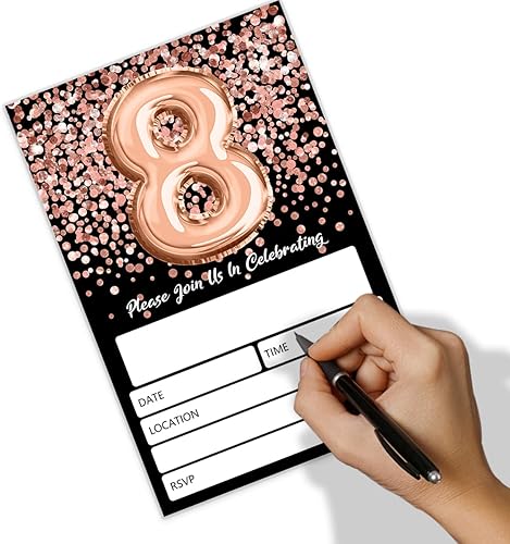 Miniatura 4 de Sweet 8 invitaciones para niñas, invitaciones de fiesta con purpurina negra y dorada con sobres (20 unidades), suministros de fiesta de cumpleaños