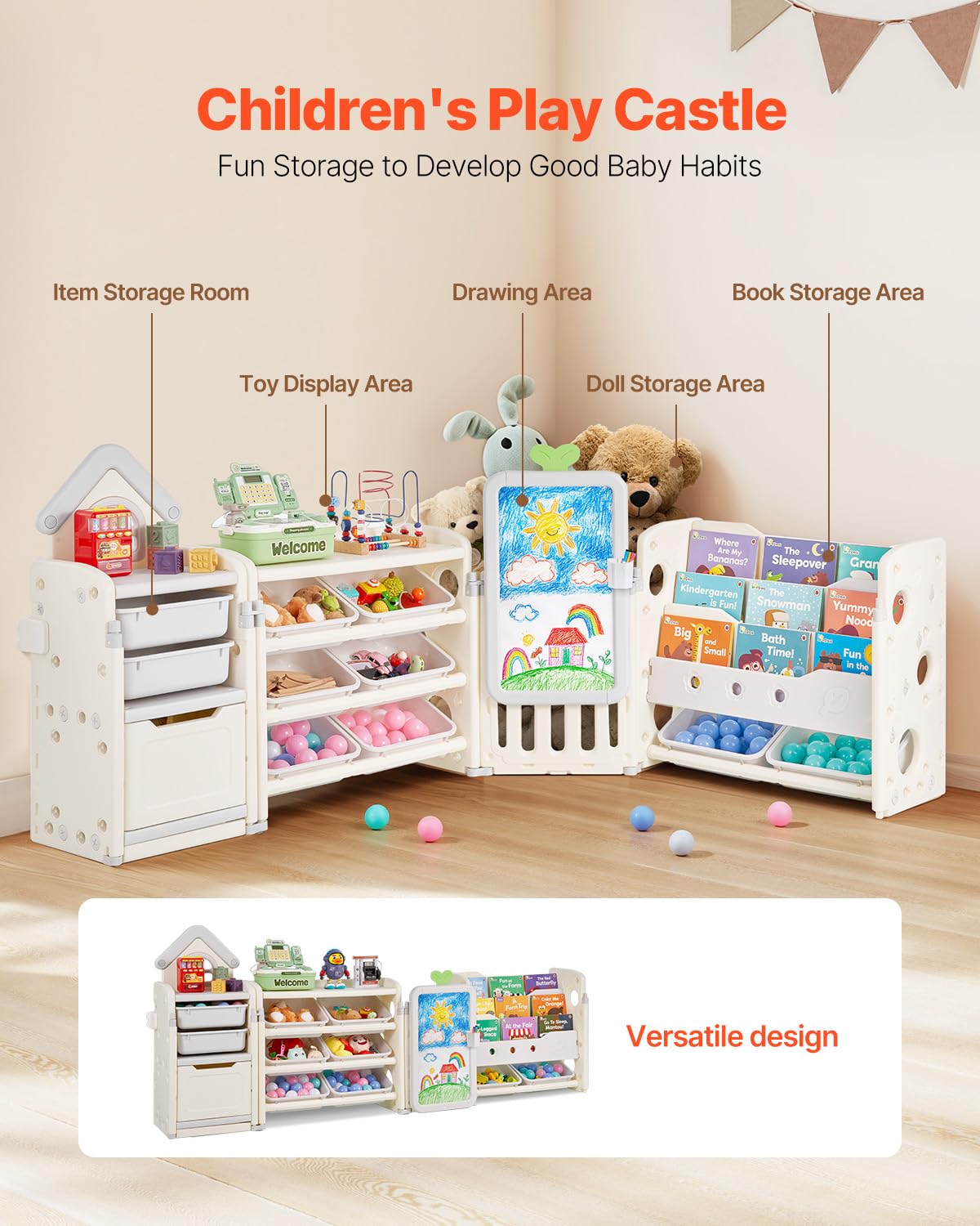 VEVOR Scaffale per Giocattoli in HDPE, Organizzatore per Giocattoli Multifunzionale a 4 Ripiani con 10 Contenitori in Plastica Flessibile e Tavolo da Disegno, per Camera da Letto e Aula, Grigio Beige