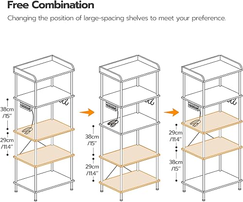 Miniatura 9 de HOOBRO Estante para hornear de cocina con toma de corriente, estante de almacenamiento de cocina de 5 niveles, soporte para microondas con 4 ganchos