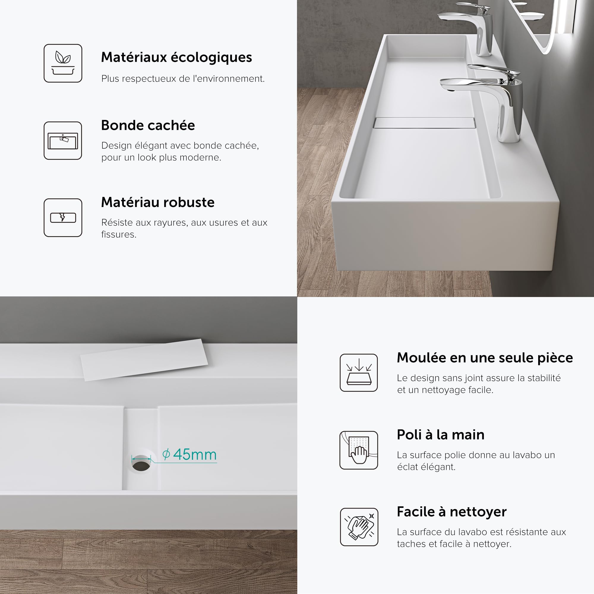 doporro Vasque à Poser Blanc Mat avec Bonde Lavabo de Salle de Bains Suspendu 120cm Lave Mains Rectangulaire avec Cache Bonde Colossum6028