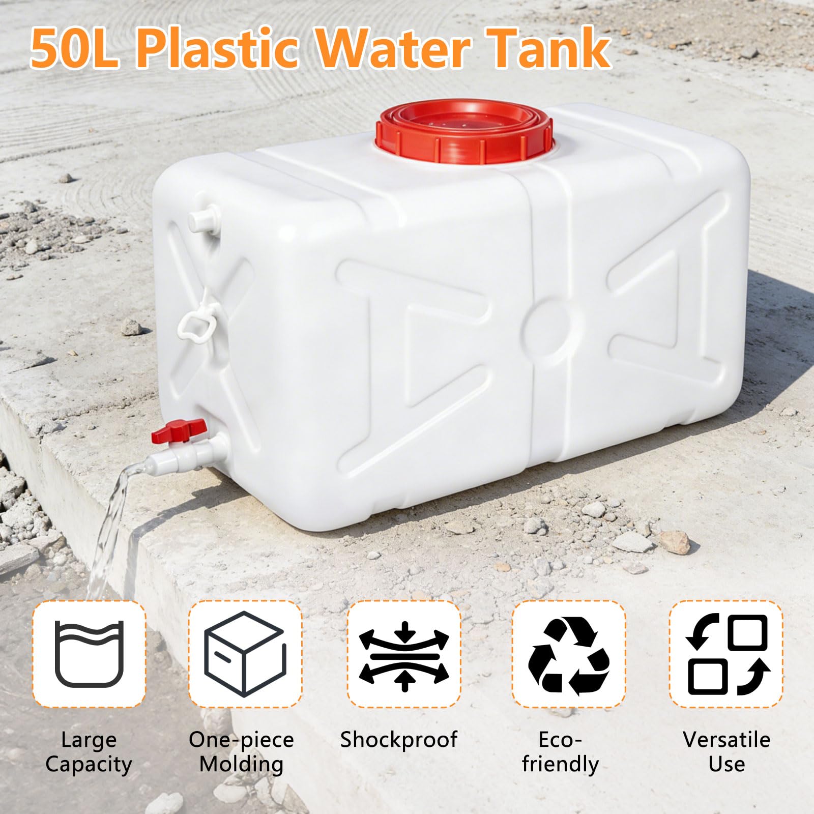 Réservoir d'eau de 50 l - Bidon d'eau avec robinet de vidange - Couvercle à visser - Réservoir d'eau portable en polyéthylène haute densité - Réservoir d'eau en plastique pour camping, camping-car