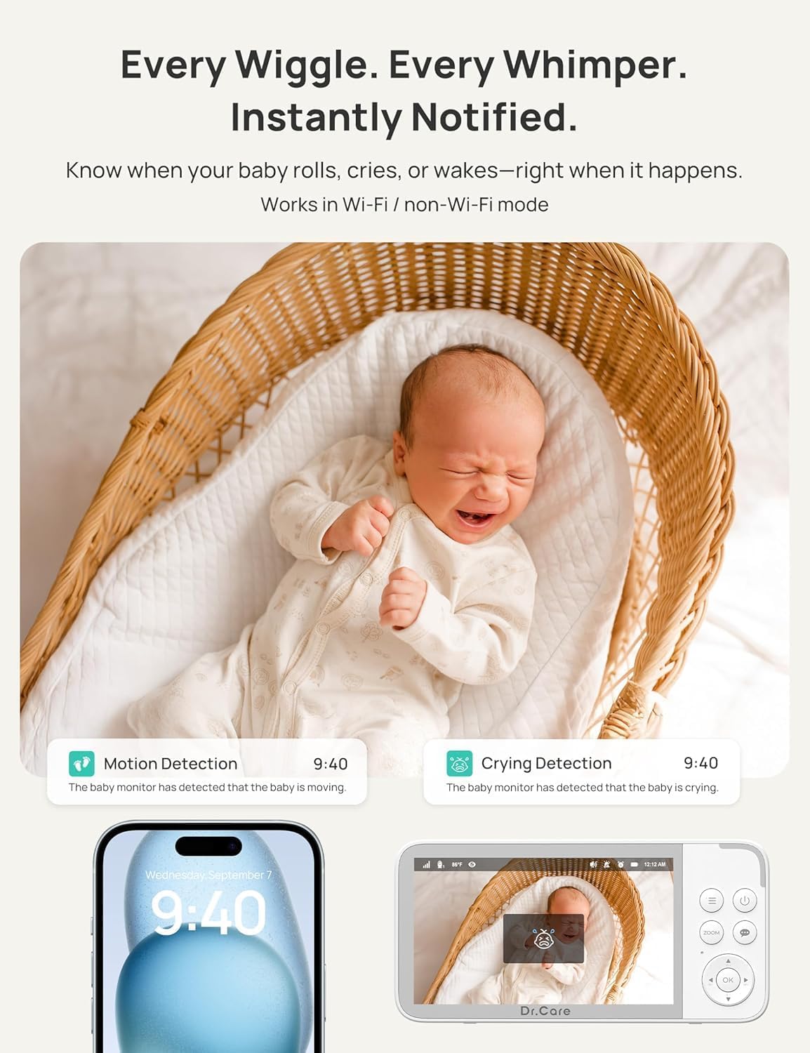 Dr.Care VistaView Smart WLAN Babyphone mit Kamera, 5” 1080P HD, 2K Kamera, App-Steuerung, Bewegungs- & Weinen-Alarm, Nachtsicht, 5000mAh, Zwei-Wege-Audio, 390m Reichweite