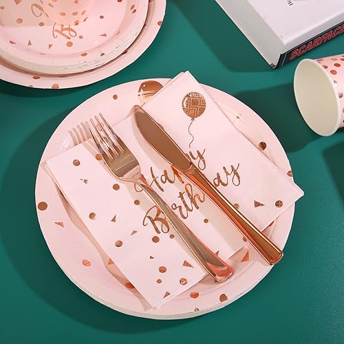 Miniatura 8 de Juego de 200 piezas de decoraciones de cumpleaños de oro rosa para niñas, platos y tazas y servilletas, suministros de cumpleaños rosa para mujeres,
