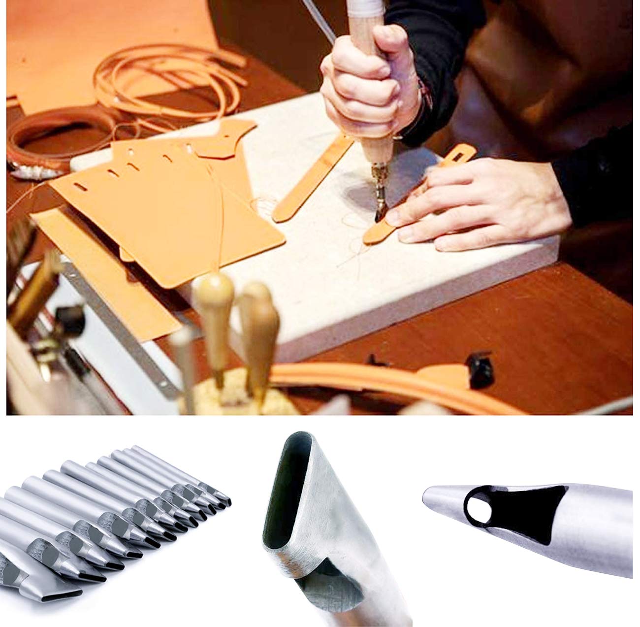 12 Pcs Leather Craft Hole Punch Set 2-5mm Oval Shape Punch Cutter Tool for Leather Watch Bands Belts Canvas Paper Plastics Working
