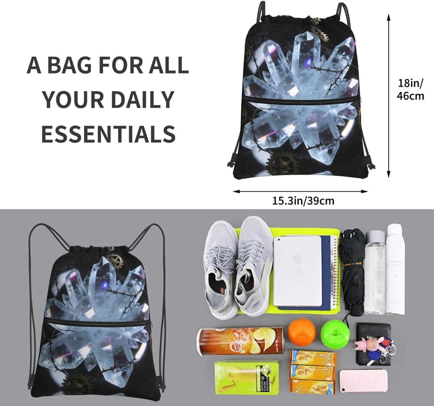 Snowflake Print Drawstring Gym Bag, Stylish Sports Bag Unisex, Yoga Bag and Travel Drawstring Bag