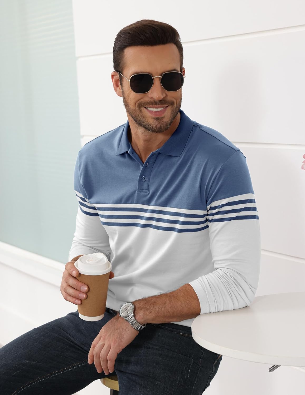 MorwenVeo Men's Long Sleeve Polo Shirt Striped Cotton Moisture Wicking Classic Collared Casual Golf Shirts for Men - Image 7