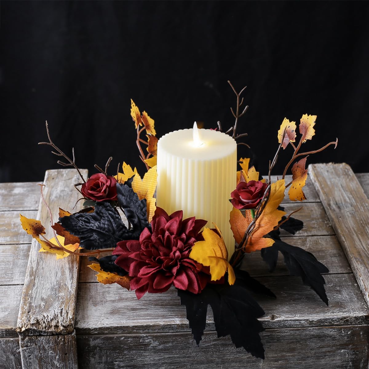 Halloween Candle Rings Wreaths Fall Artificial Maple Leaf Rose Floral Wreath Pillar Candle Holder Wreaths Garland for Halloween Thanksgiving Party Home Table Centerpieces Decorations