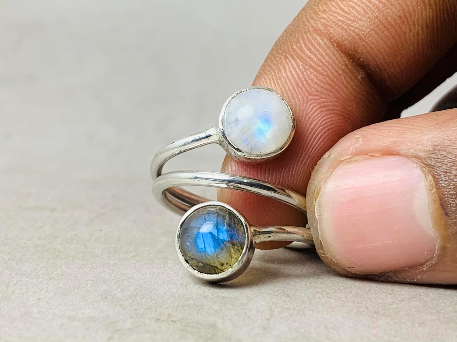 Labradorite and Moonstone Ring 925 Sterling Silver Adjustable Ring Handmade Multi Stone Ring Designer Boho Jewelry for Women Gift for Her