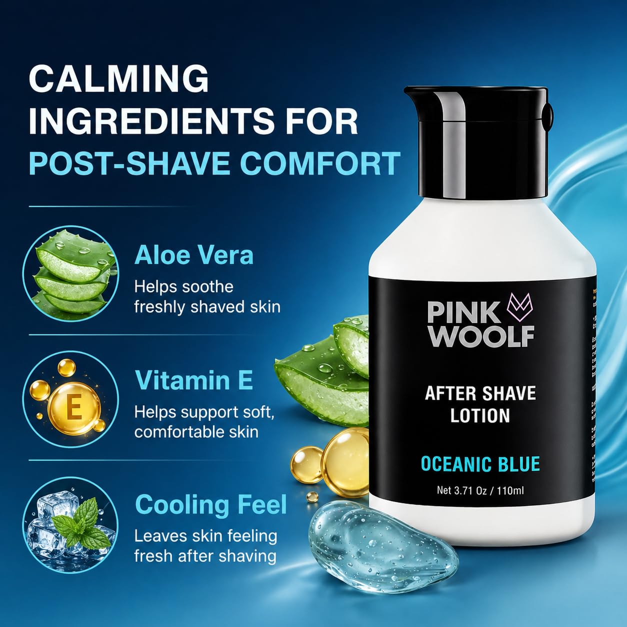 Pink Woolf After Shave Lotion for Men | Cooling Post-Shave Care for Oily Skin | Oceanic Blue | Alcohol-Free, Lightweight, Non-Greasy | Razor Burn Relief | 110ml
