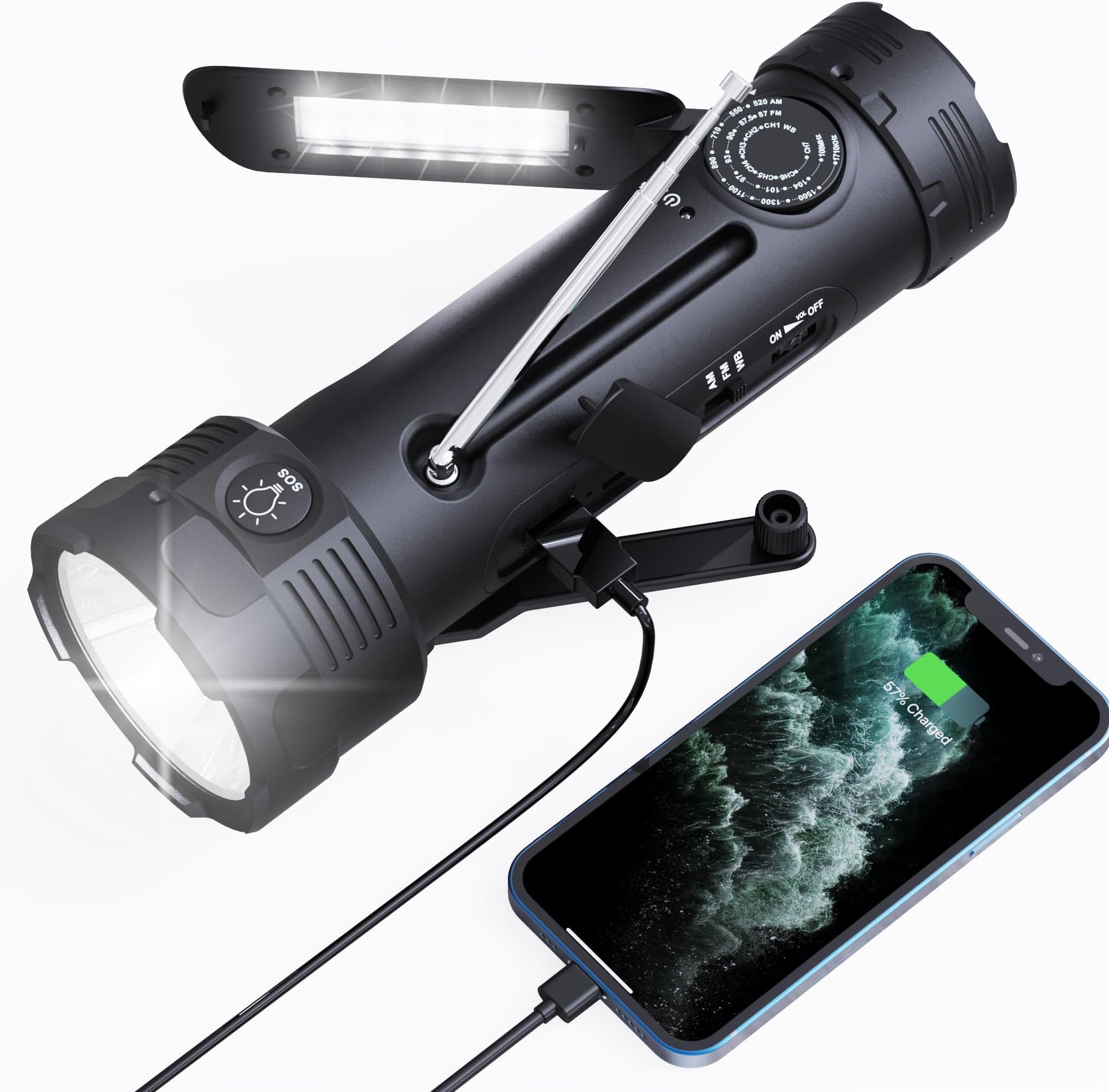 NOAA Emergency Flashlight Rechargeable with Weather Radio,AM/FM Weather Alert Solar Hand Crank Survival Radio,Portable Battery Powered Radio,Reading Lamp,USB Phone Charger,SOS Alarm for Home Outdoor