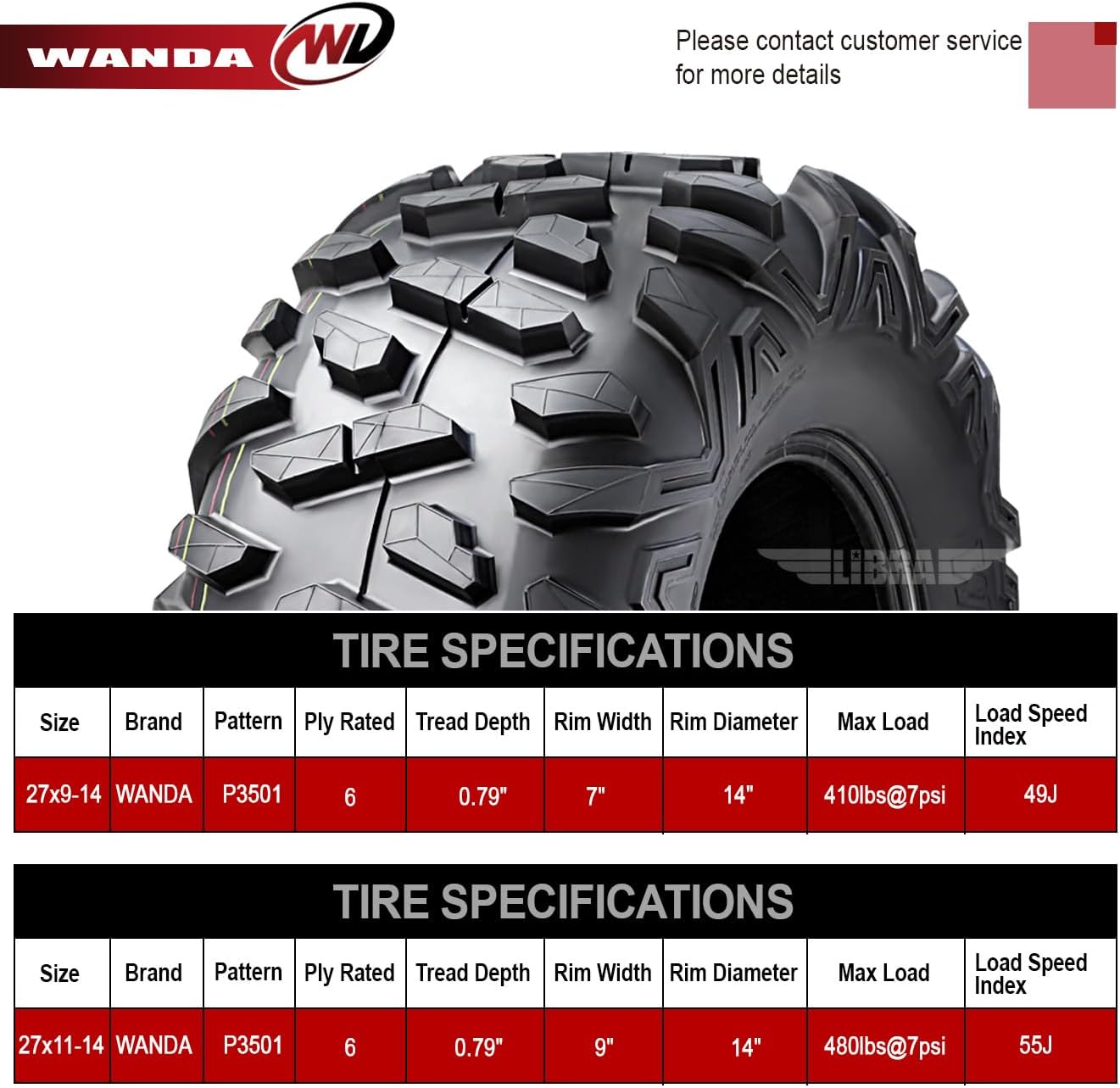 WANDA Set of 4 New ATV/UTV Tires 27x9-14 Front & 27x11-14 Rear /6PR P350-10385/10386...