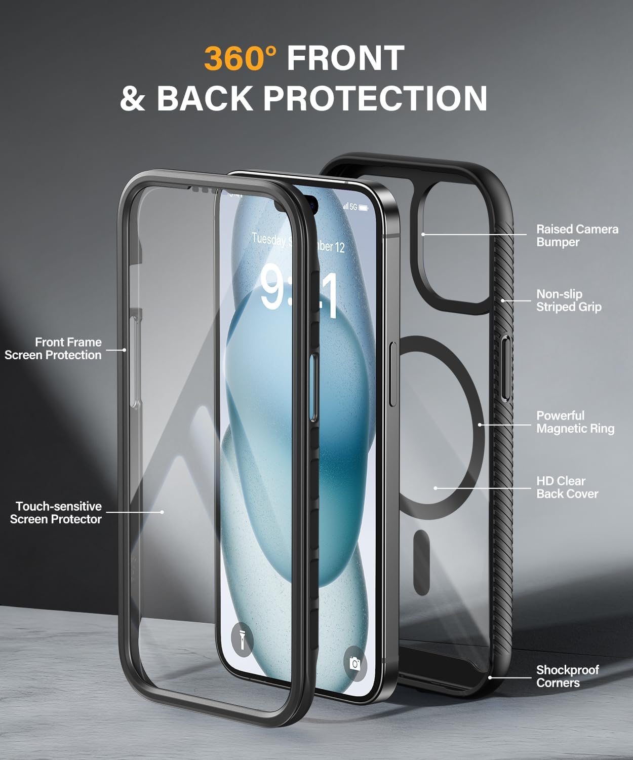 Magnetic for iPhone 15 Case with Built-in Sensitve Screen Protector, Full-Body Dual Front & Back Protective Phone Case [Compatible with MagSafe] Drop Proof 15 Cover 6.1 Inch, Black - Image 2