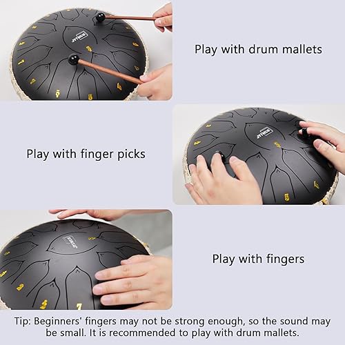 Vista 67 de Tambor de lengua de acero, 13 notas, 12 pulgadas, tambor de acero con bolsa de tambor, libro de música, mazos de tambor, soporte de mazo, púas
