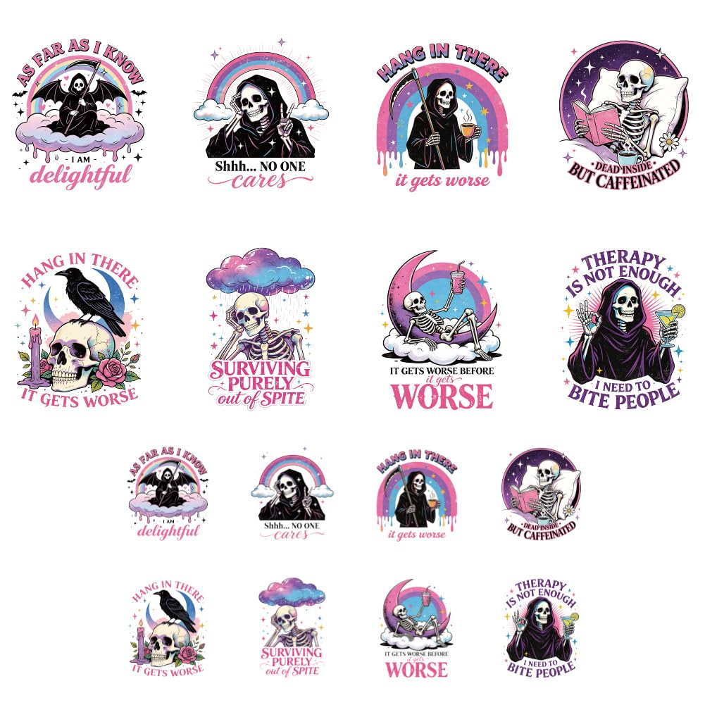 ANATTASOUL 16Pcs Humorous Copy Skull Iron on Transfer for T-Shirt DIY Craft โ image 1