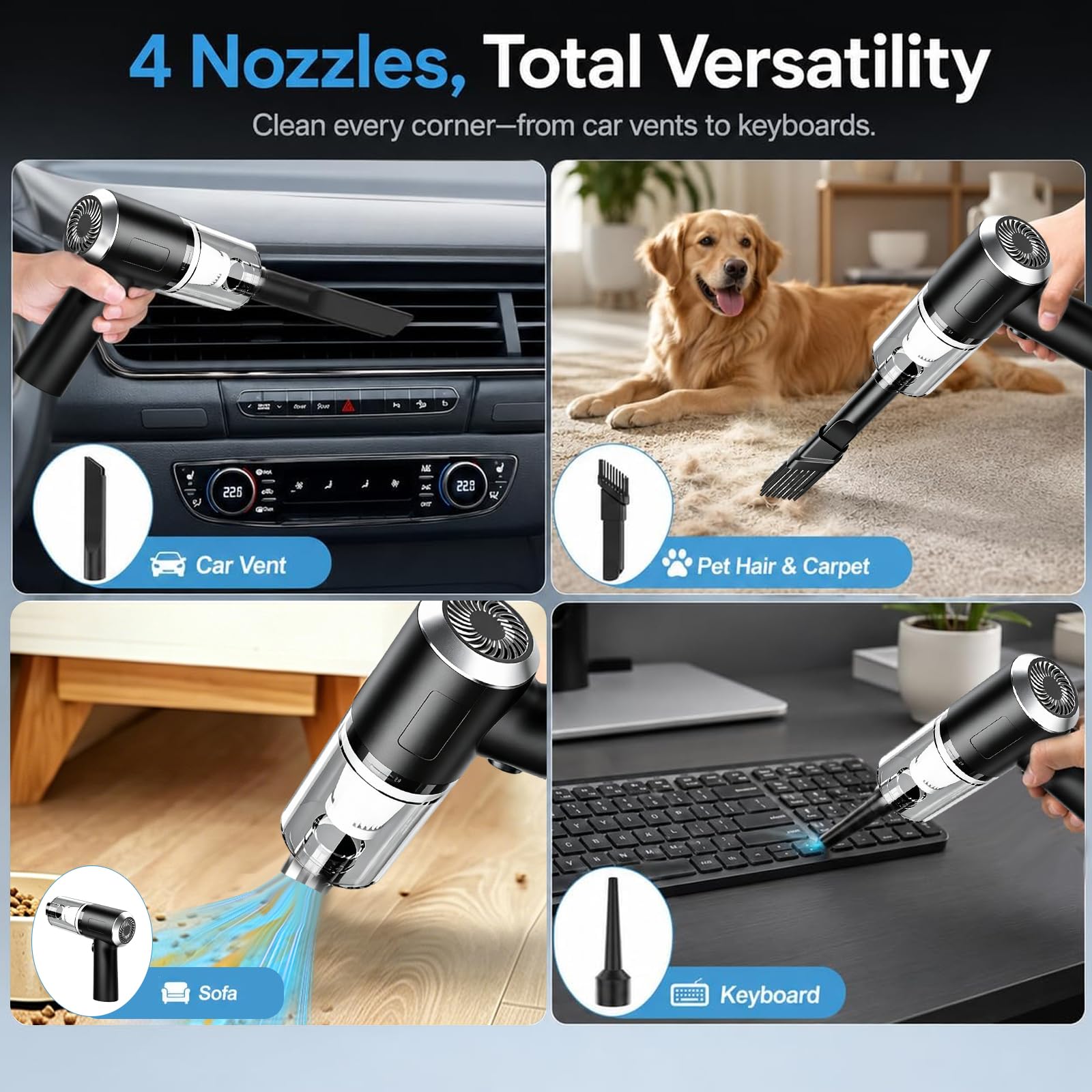 SCOVEE Aspirateur à Main,Aspirateur Portable Rechargeable Mini,22000PA Puissance, 4-en-1 Mini aspirateur de Voiture, léger pour Le Bureau,La Voiture,La Maison,Le Bureau Scènes Diverses