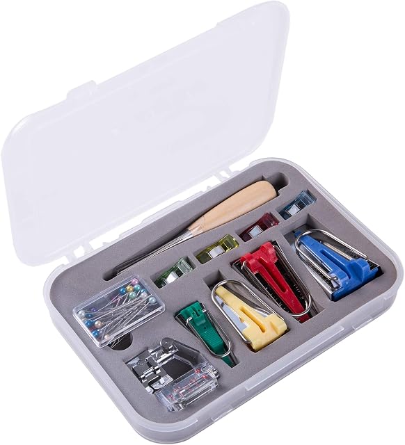 Fabric Bias Tape Maker Set of 4 Sizes 6mm/12mm/18mm/25mm Multi-Color Practical Sewing Quilting Tool with Adjustable Bias Binder Foot Awl Ball Pins Sewing Clips