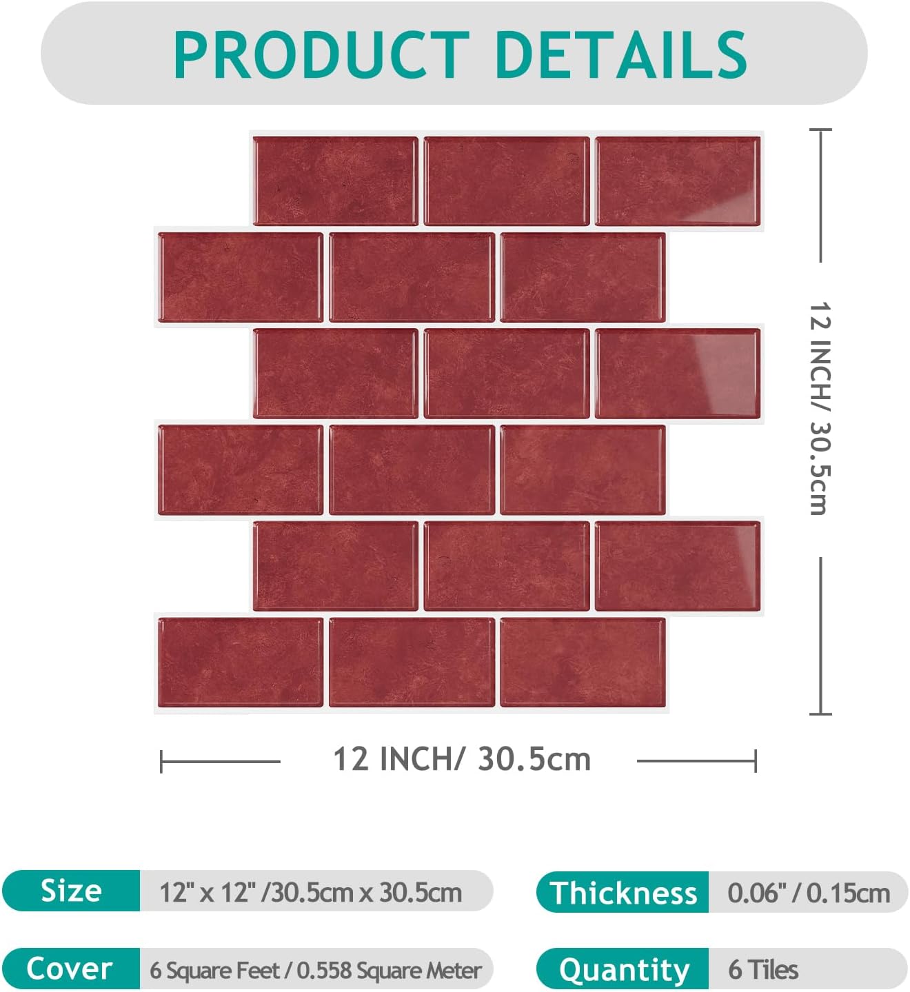 VEELIKE Red Peel and Stick Backsplash Waterproof Subway Kitchen Backsplash Red Peel and Stick Tile 6 Sheets Removable Renter Friendly Backsplash Stick on Tiles for Kitchen Wall Bathroom 12''x12''