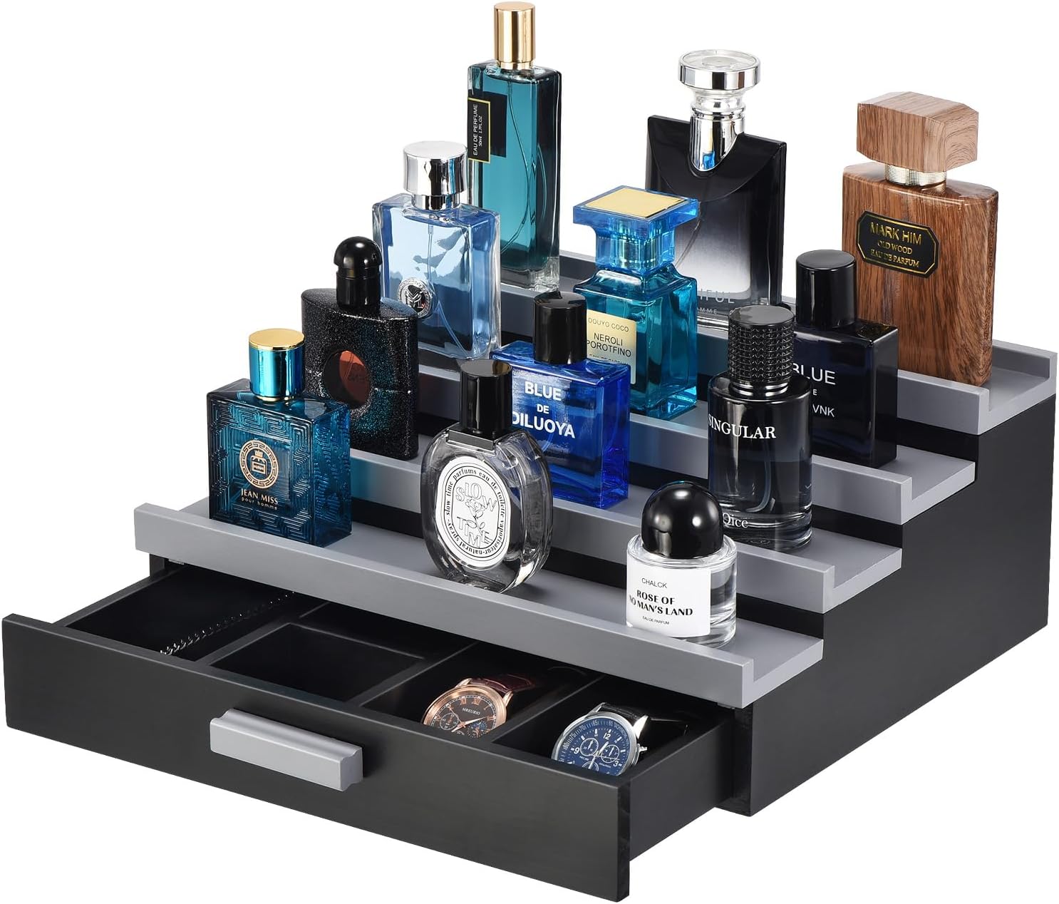 Perfume Organizer for Men, 4 Tier Wood Perfume Display Stand with Velvet Lining Drawer and Hidden Compartment for Watch,Jewelry,Perfume Display Risers,A Gift for Men (Black+Gray)