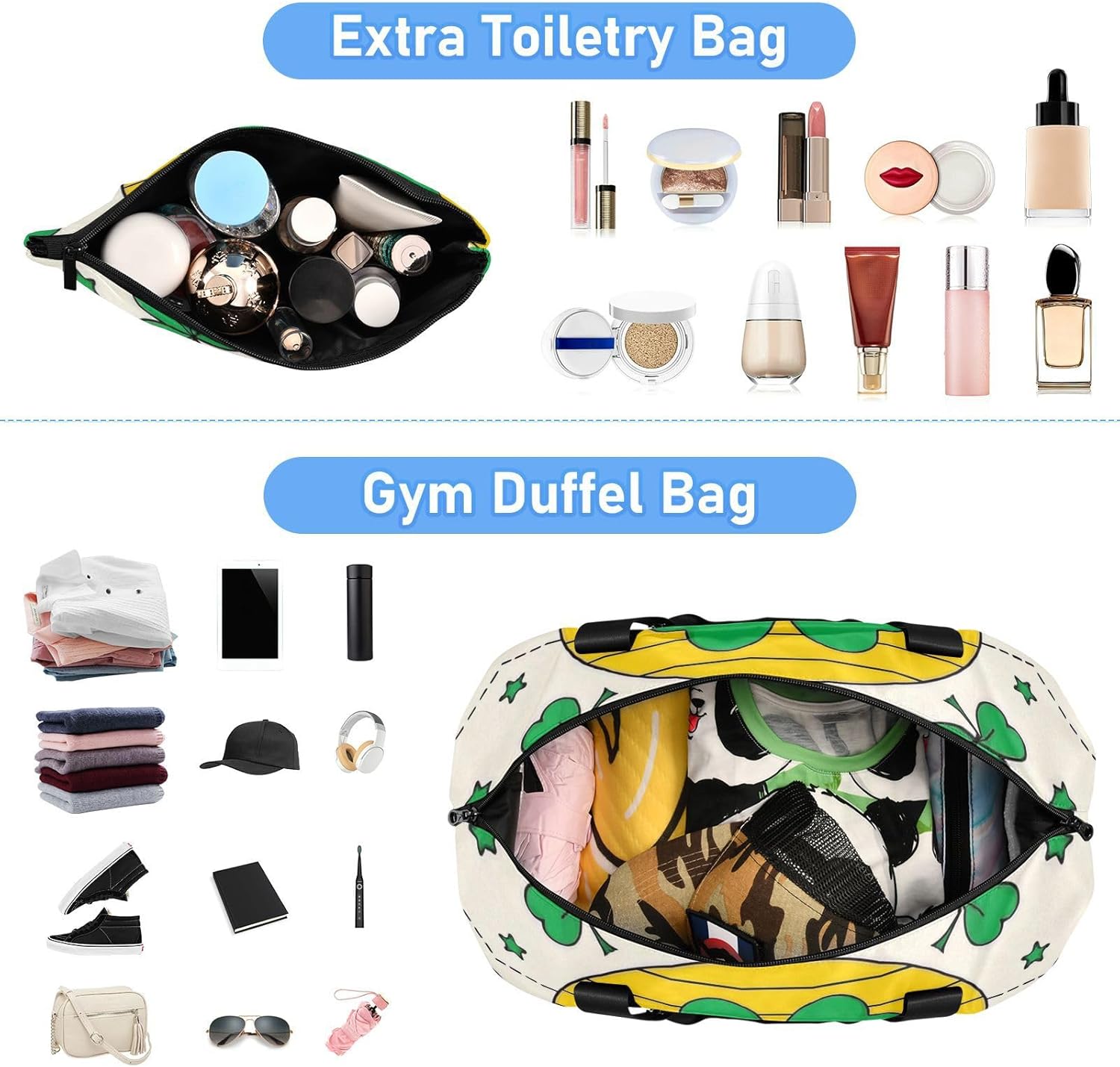 St. Patrick’s Clover Green Stars Gym Bag Sports Gym Tote Bag with Adjustable Strap for Workout 2 Pcs Set