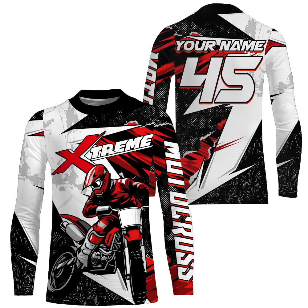 Personalized Motocross Jersey UPF30+ Kid&Adult Youth Dirt Bike Racing Shirt Off-Road Motorcycle Riding Jersey Black Red XM209 (Kid Jersey)