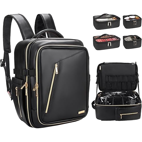 Travel Makeup Backpack Organizer with 4 Clear Removable Bags, Large Makeup Bag with Multiple Storage Compartments, Professional Train Case with Adjustable High Dividers