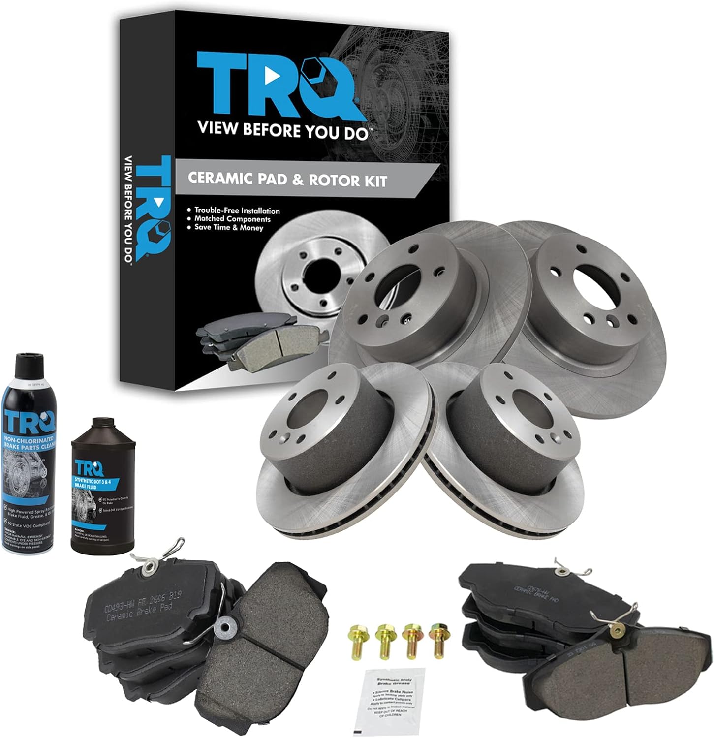 TRQ Front and Rear Brake Pad & Rotor Kit Brake Chemical Kit Brake Pads Brake Rotor Ceramic Compatible with 1999-2004 Land Rover Discovery