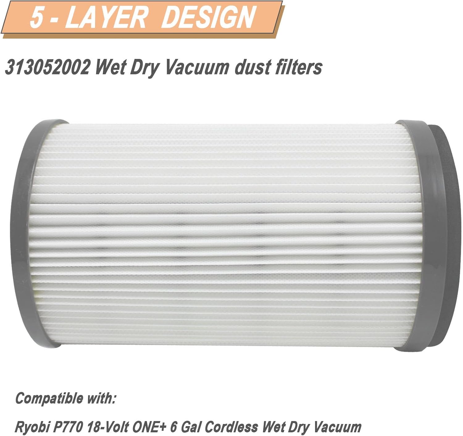 P770 Vacuum Filter Compatible with Ryobi 18-Volt ONE+ 6 Gal Cordless Wet Dry Vacuum Filter 313052002 (2 Packs，Grey)