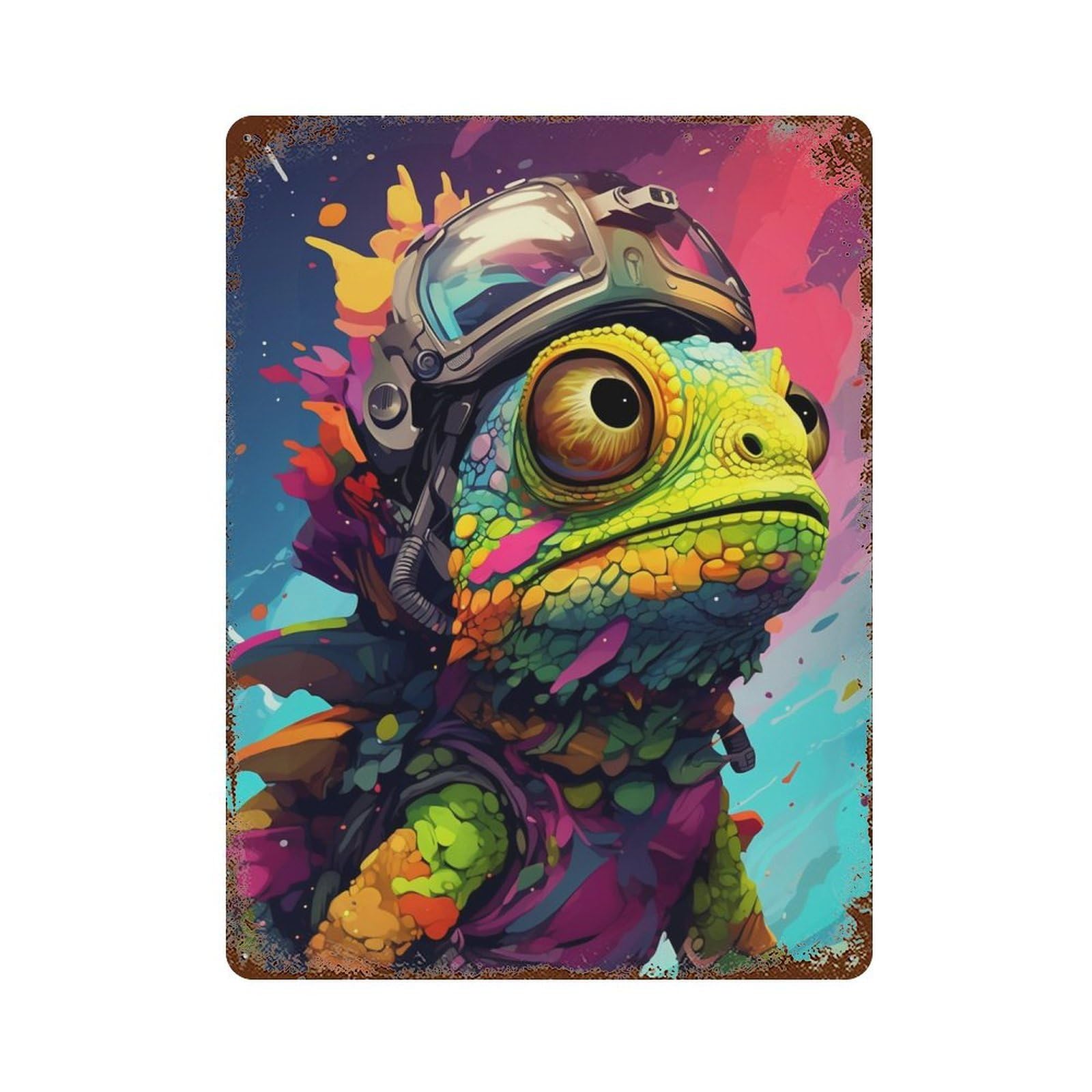 Decorative Tin Sign with Colorful Lizard Astronaut Art Print-1 Design 15.7"x11.8", for Basement, Hobby Room And Garage Decor, Farmhouse Wall Decor
