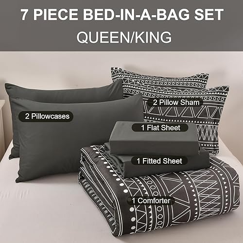 Miniatura 7 de WONGS BEDDING Juego de edredón bohemio de 7 piezas tamaño King, color negro y gris, a rayas, degradado, juego de ropa de cama en una bolsa, para