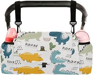 Childish Dinosaur Cactus Universal Stroller Organizer, Cartoon Dino Stroller Organizer Bag with Cup Holders Removable Shoulder Strap Fits Most Baby and Pet Strollers